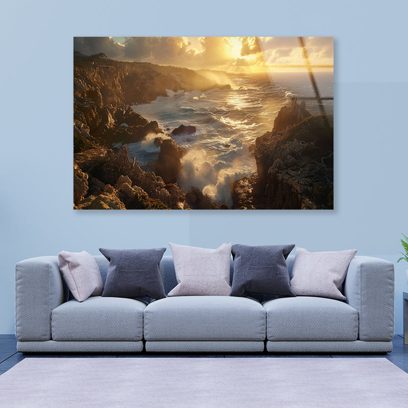 Rocky Coastline, Clouds & Mountains Acrylic Glass Print Tempered Glass Wall Art 100% Made in Australia Ready to Hang