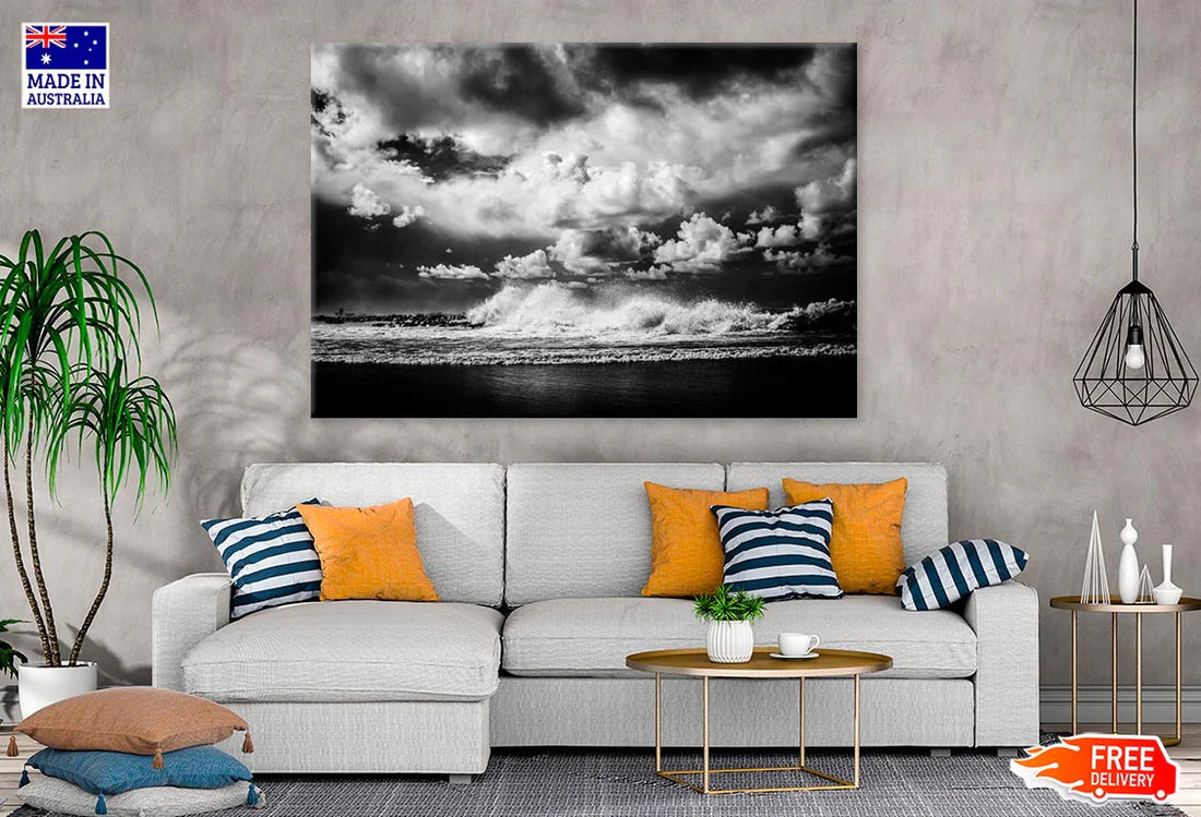 Beach On Waves & Cloudy Sky B&W 90x60cm Print 100% Australian Made