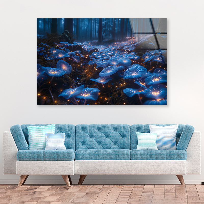 A Magical Forest Scene Filled With Glowing Mushrooms and Flowers Acrylic Glass Print Tempered Glass Wall Art 100% Made in Australia Ready to Hang