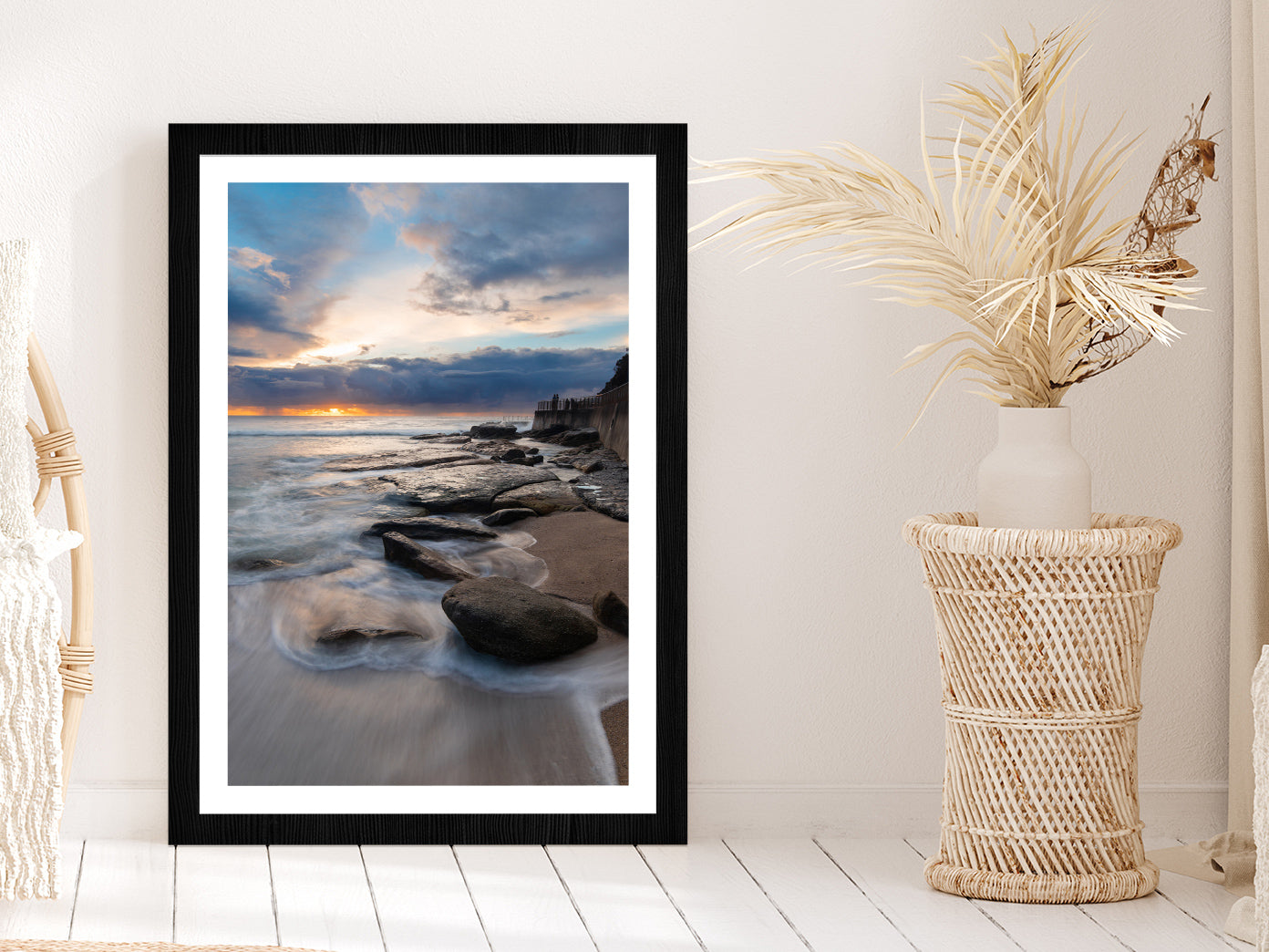 Sea Coastal & Rocks with Cloudy Sky View Photograph Glass Framed Wall Art, Ready to Hang Quality Print With White Border Black