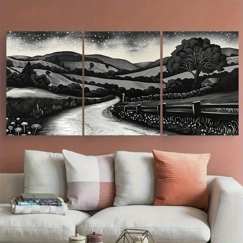 3pcs Country Road Black & White Night Metal Print Ready to Hang Art