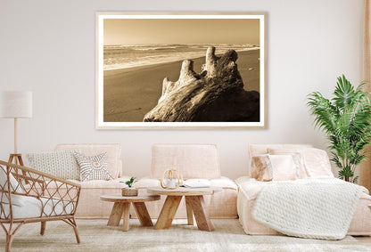 Old Log Driftwood Washed Up on Beach in Sepia Tones Home Decor Premium Quality Poster Print Choose Your Sizes