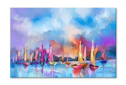 Sail Boats on Seascape Colorful Oil Painting Wall Art Limited Edition High Quality Print Stretched Canvas None