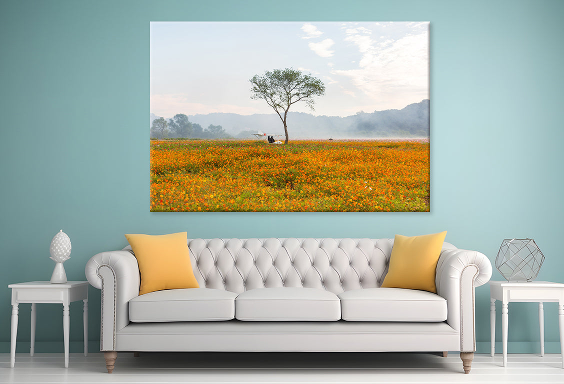 A landscape of autumn fields with cosmos in Bloom Wall Art Decor 100% Australian Made
