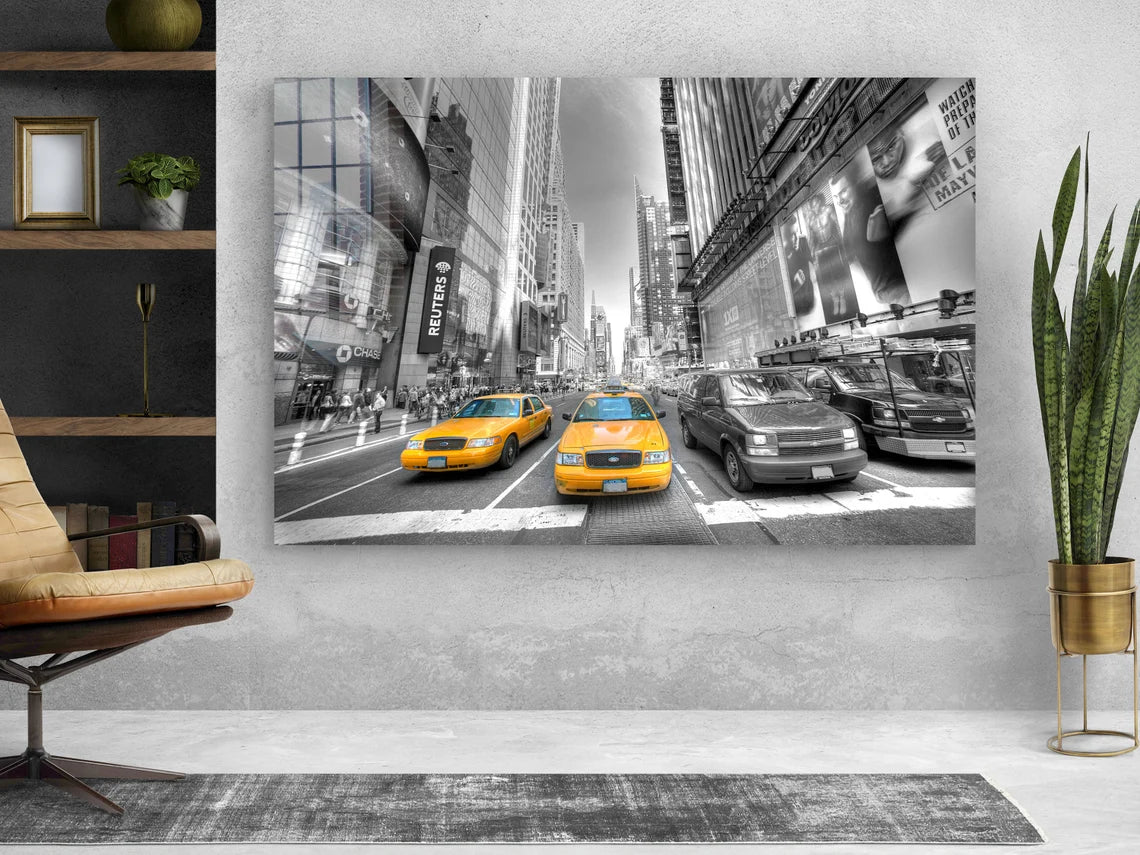 Yellow Taxi B&W City UV Direct Aluminum Print Australian Made Quality