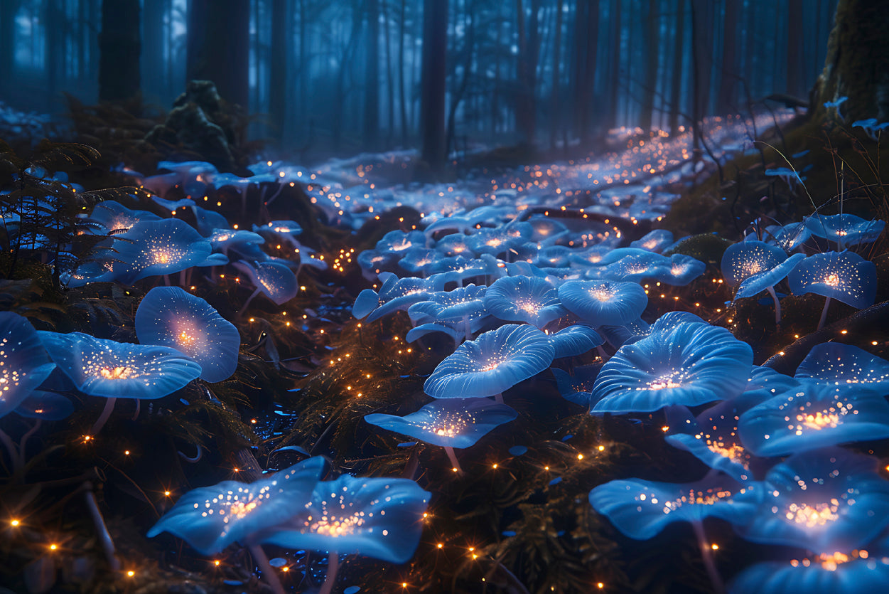 A Magical Forest Scene Filled With Glowing Mushrooms and Flowers Print 100% Australian Made