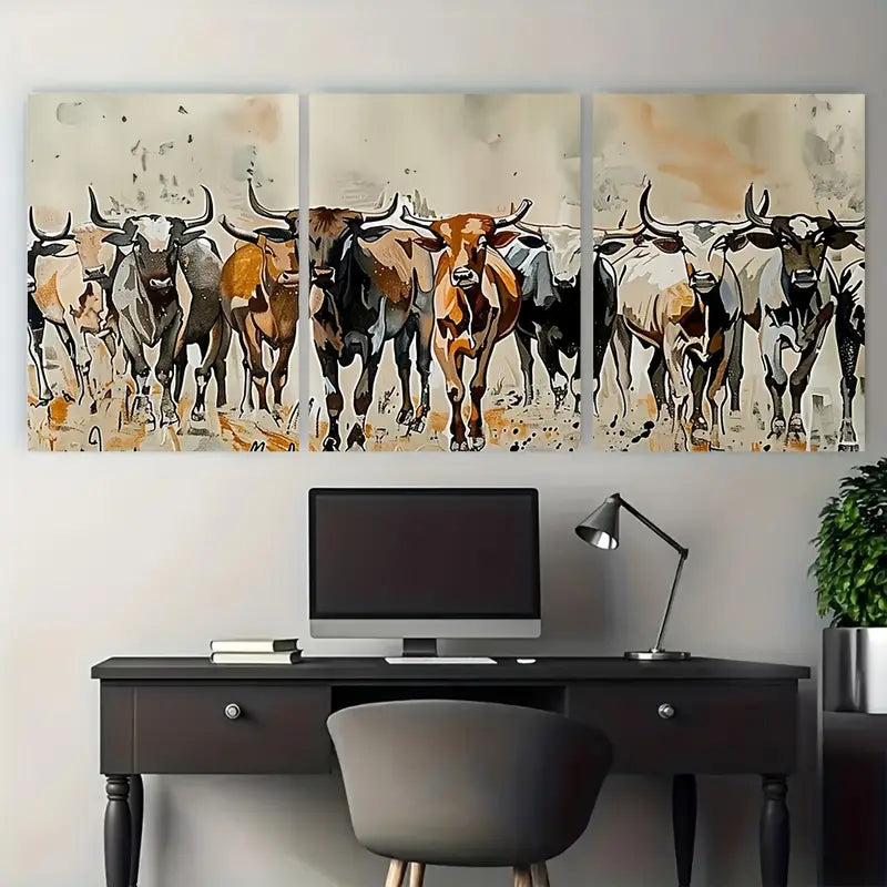 3pcs Longhorn Cattle Herd Running Metal Print Ready to Hang Art