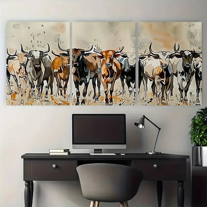3pcs Longhorn Cattle Herd Running Metal Print Ready to Hang Art