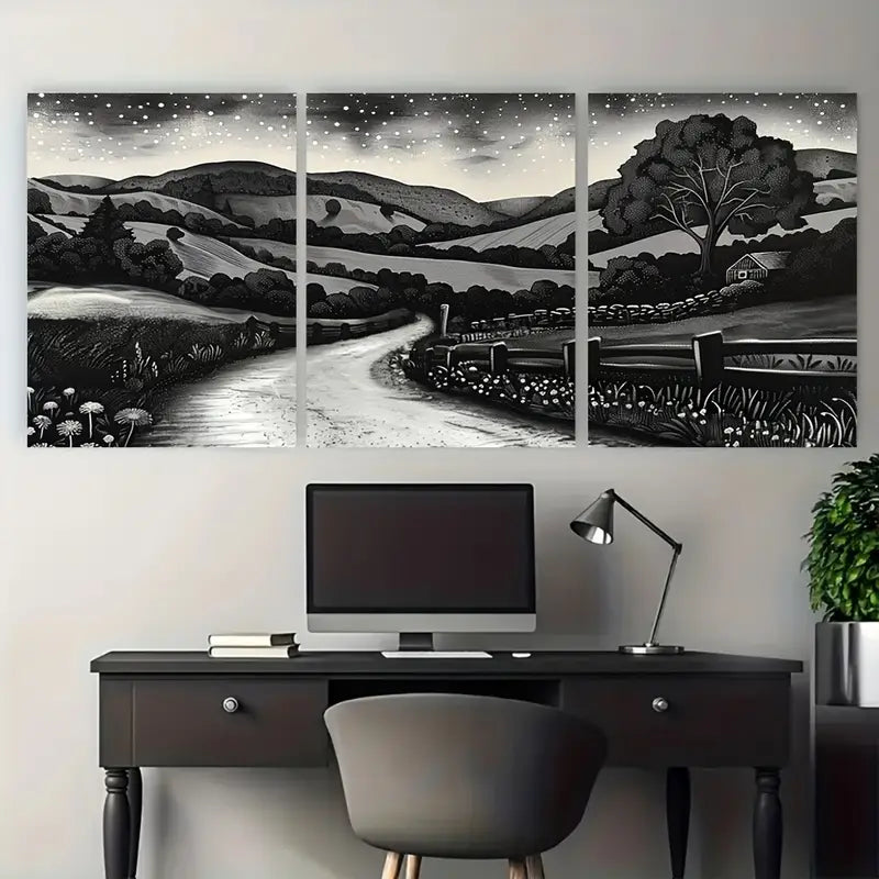 3pcs Country Road Black & White Night Metal Print Ready to Hang Art