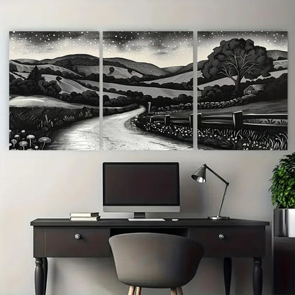 3pcs Country Road Black & White Night Metal Print Ready to Hang Art