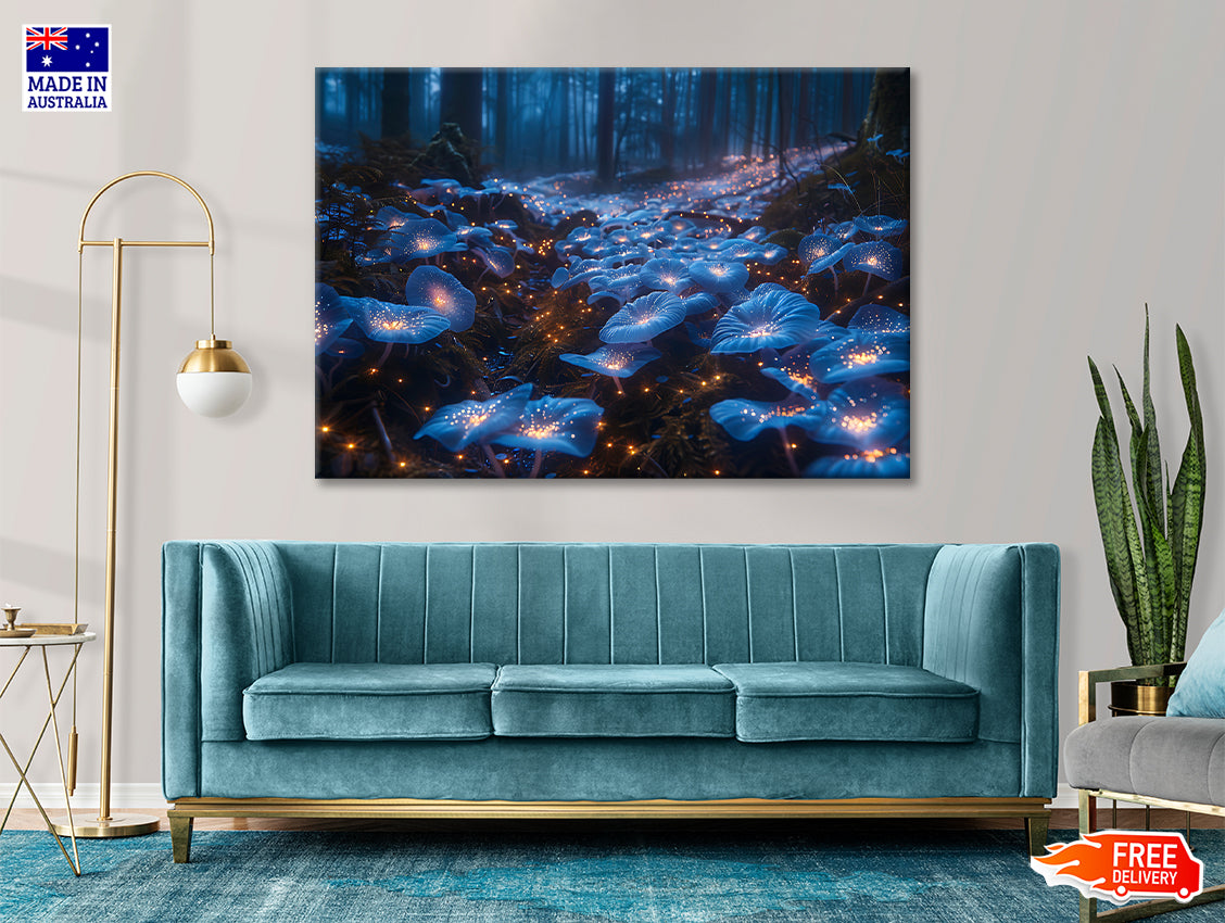 A Magical Forest Scene Filled With Glowing Mushrooms and Flowers Print 100% Australian Made