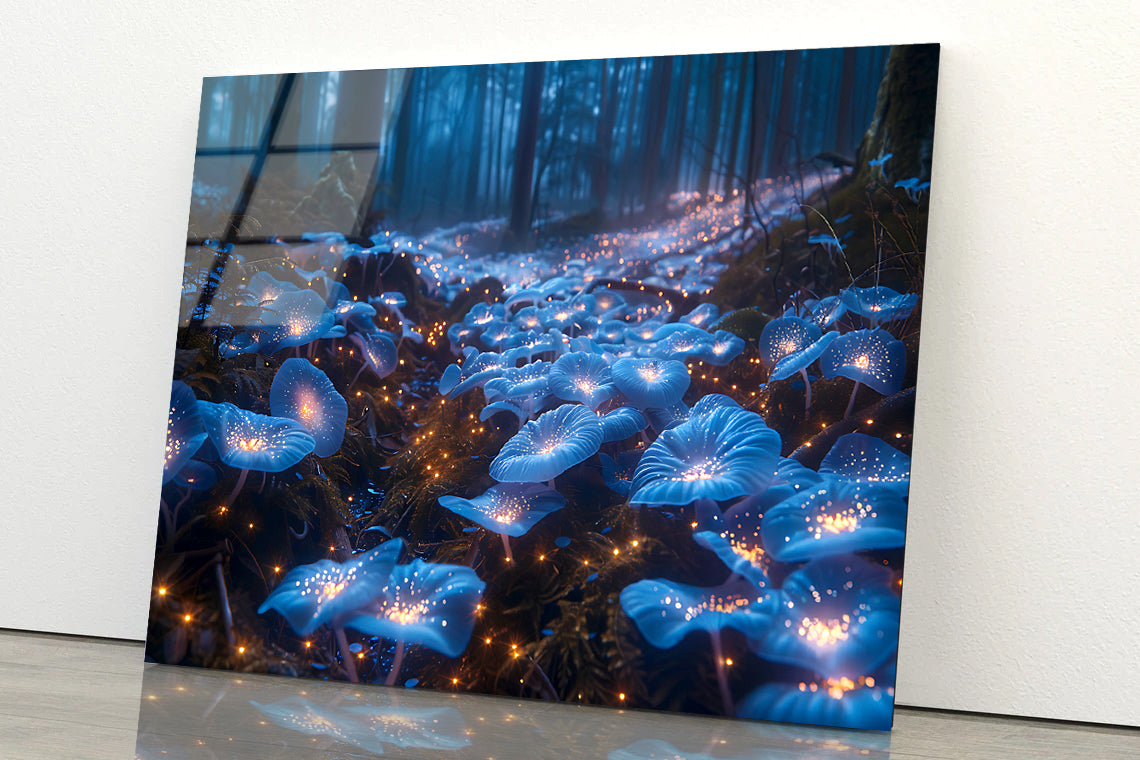 A Magical Forest Scene Filled With Glowing Mushrooms and Flowers Acrylic Glass Print Tempered Glass Wall Art 100% Made in Australia Ready to Hang