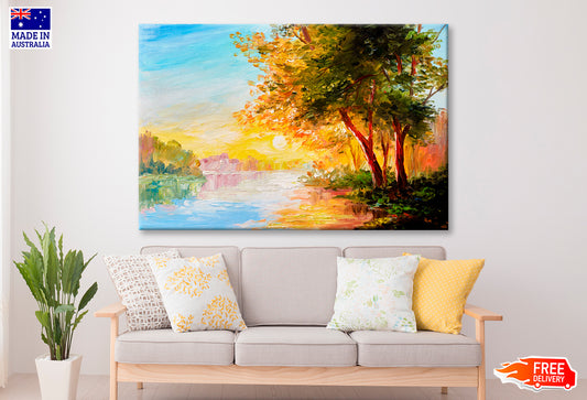 River In The Spring Forest With Sunset Oil Painting Wall Art Limited Edition High Quality Print