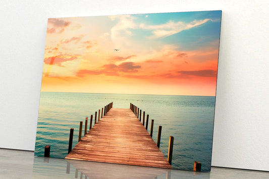 Wooden Pier on Lagoon & Sunset  Acrylic Glass Print Tempered Glass Wall Art 100% Made in Australia Ready to Hang