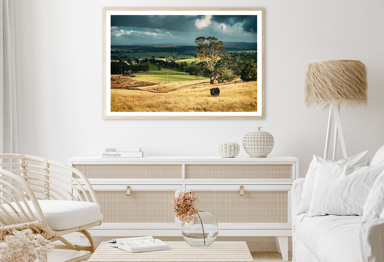 View of Grassland with Trees, Mountains & Sky Home Decor Premium Quality Poster Print Choose Your Sizes