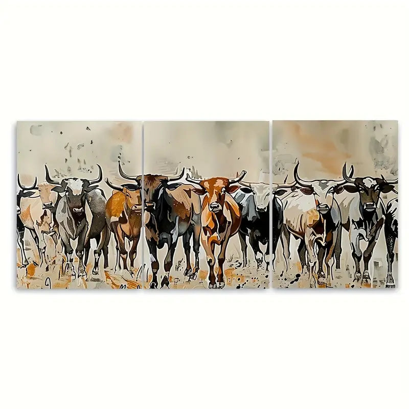 3pcs Longhorn Cattle Herd Running Metal Print Ready to Hang Art