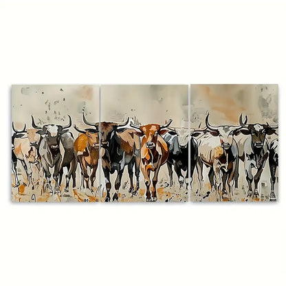 3pcs Longhorn Cattle Herd Running Metal Print Ready to Hang Art