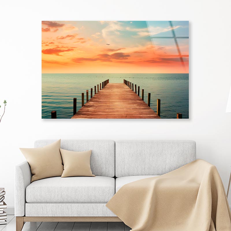 Wooden Pier on Lagoon & Sunset  Acrylic Glass Print Tempered Glass Wall Art 100% Made in Australia Ready to Hang