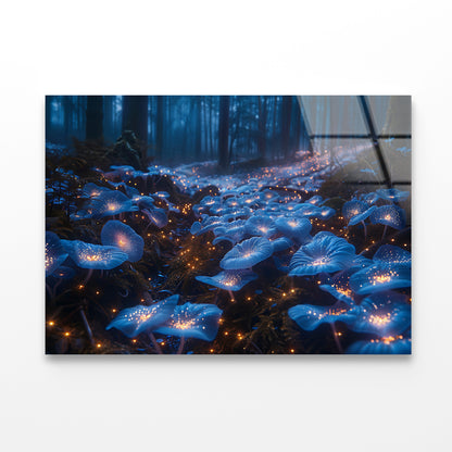 A Magical Forest Scene Filled With Glowing Mushrooms and Flowers Acrylic Glass Print Tempered Glass Wall Art 100% Made in Australia Ready to Hang