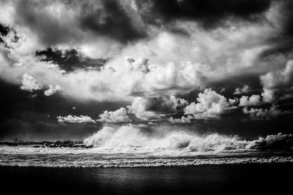 Beach On Waves & Cloudy Sky B&W 90x60cm Print 100% Australian Made