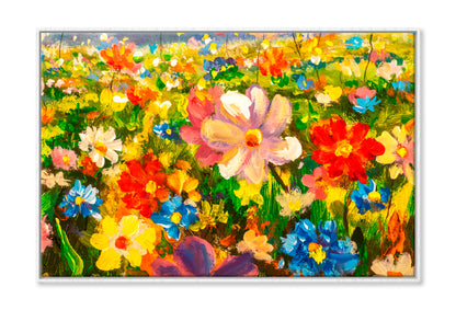 Colorful Wildflowers In Green Grass Oil Painting Wall Art Limited Edition High Quality Print Canvas Box Framed White