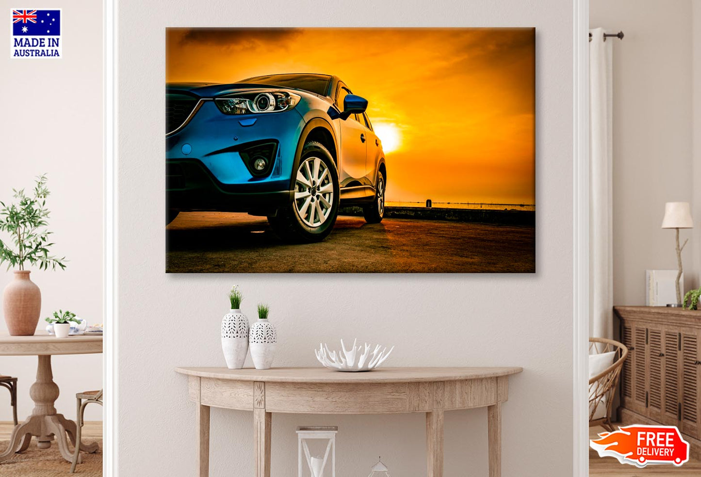 Blue Mazda SUV Parked on A Lake Wall Art Decor 100% Australian Made