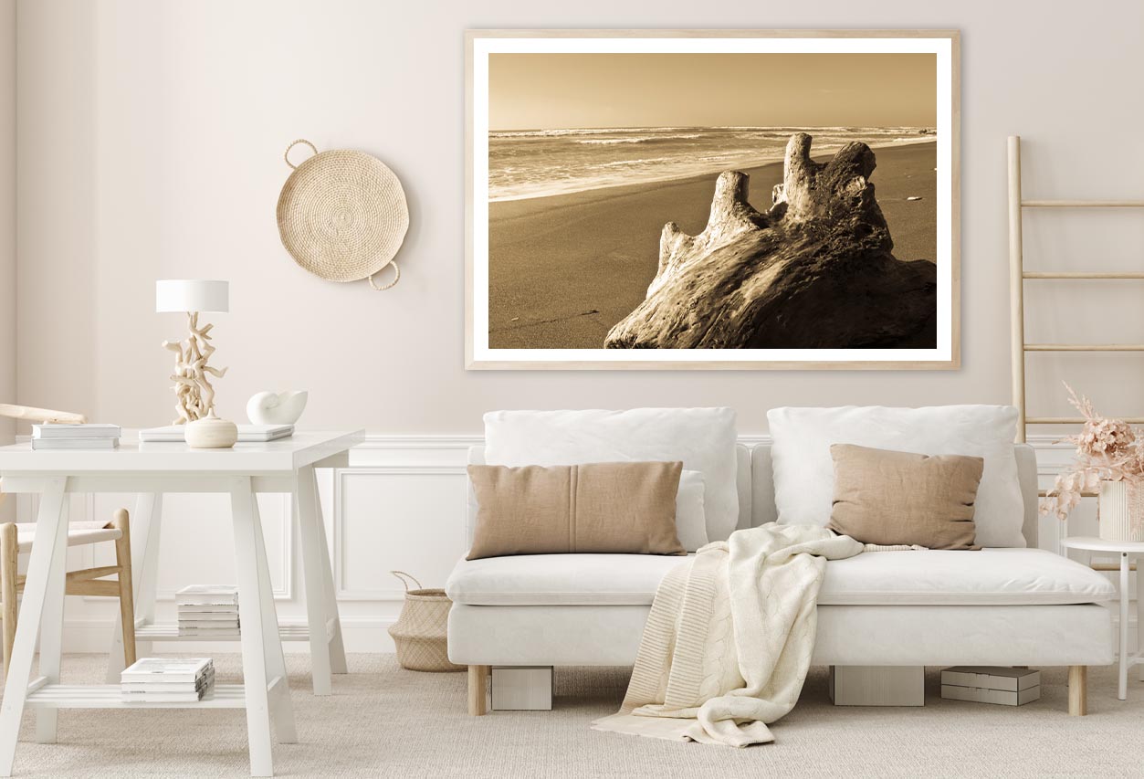 Old Log Driftwood Washed Up on Beach in Sepia Tones Home Decor Premium Quality Poster Print Choose Your Sizes