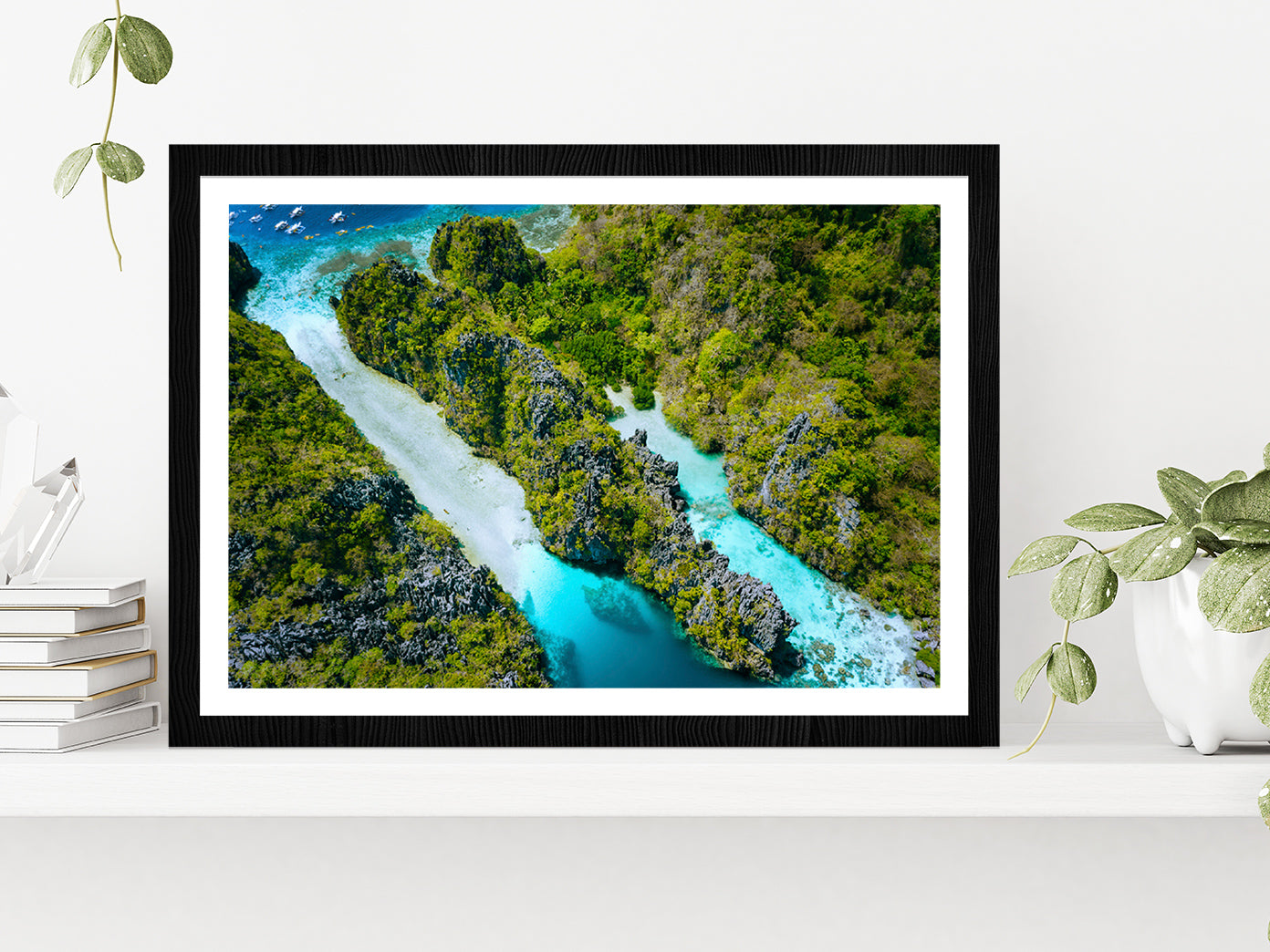 Miniloc Island With Forest Glass Framed Wall Art, Ready to Hang Quality Print With White Border Black