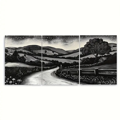 3pcs Country Road Black & White Night Metal Print Ready to Hang Art