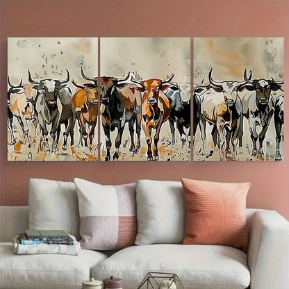 3pcs Longhorn Cattle Herd Running Metal Print Ready to Hang Art