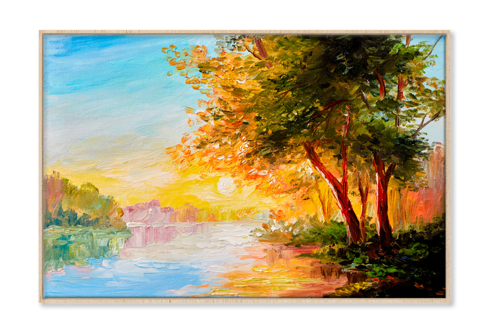 River In The Spring Forest With Sunset Oil Painting Wall Art Limited Edition High Quality Print Canvas Box Framed Natural