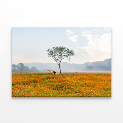 A landscape of autumn fields with cosmos in Bloom Wall Art Decor 100% Australian Made
