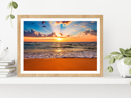 Colorful Ocean Beach Sunrise Glass Framed Wall Art, Ready to Hang Quality Print With White Border Oak