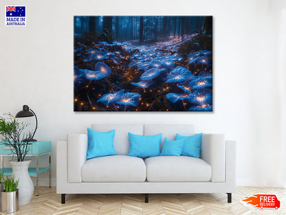 A Magical Forest Scene Filled With Glowing Mushrooms and Flowers Print 100% Australian Made