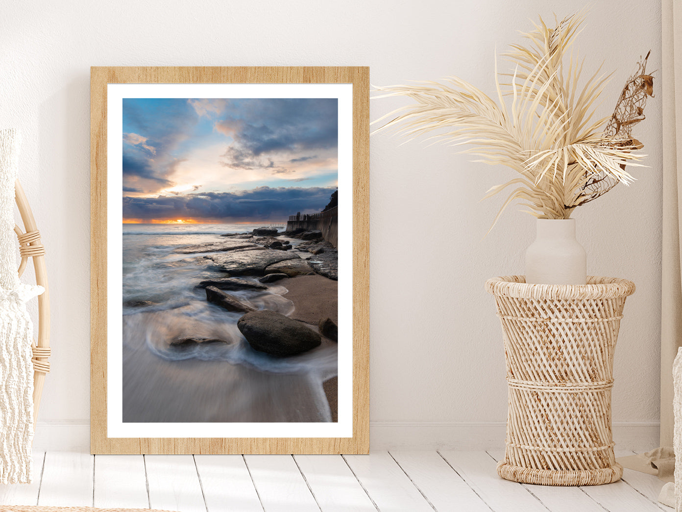 Sea Coastal & Rocks with Cloudy Sky View Photograph Glass Framed Wall Art, Ready to Hang Quality Print With White Border Oak