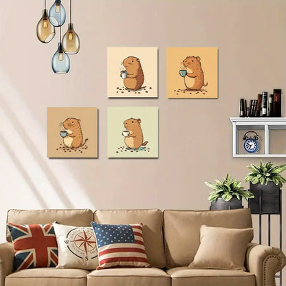4pcs Painting Groundhog Coffe Wall Art Canvas Framed