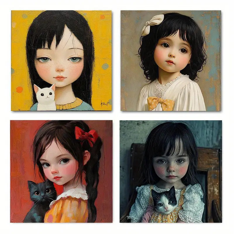 4pcs Vintage Abstract Girl Holding Cat Wall Art Canvas Framed (Copy)