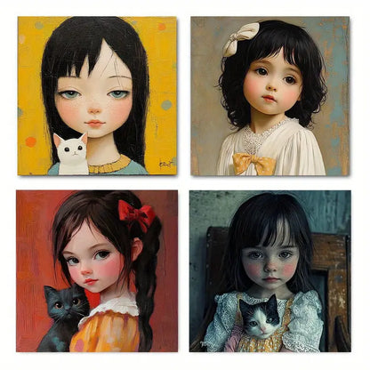 4pcs Vintage Abstract Girl Holding Cat Wall Art Canvas Framed (Copy)