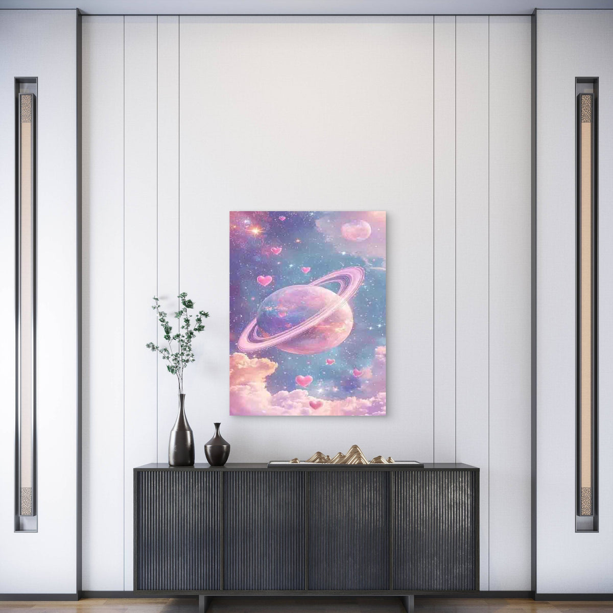 Cosmic Planets And Pink Romantic Clouds 60x90cm Metal Print Ready to Hang