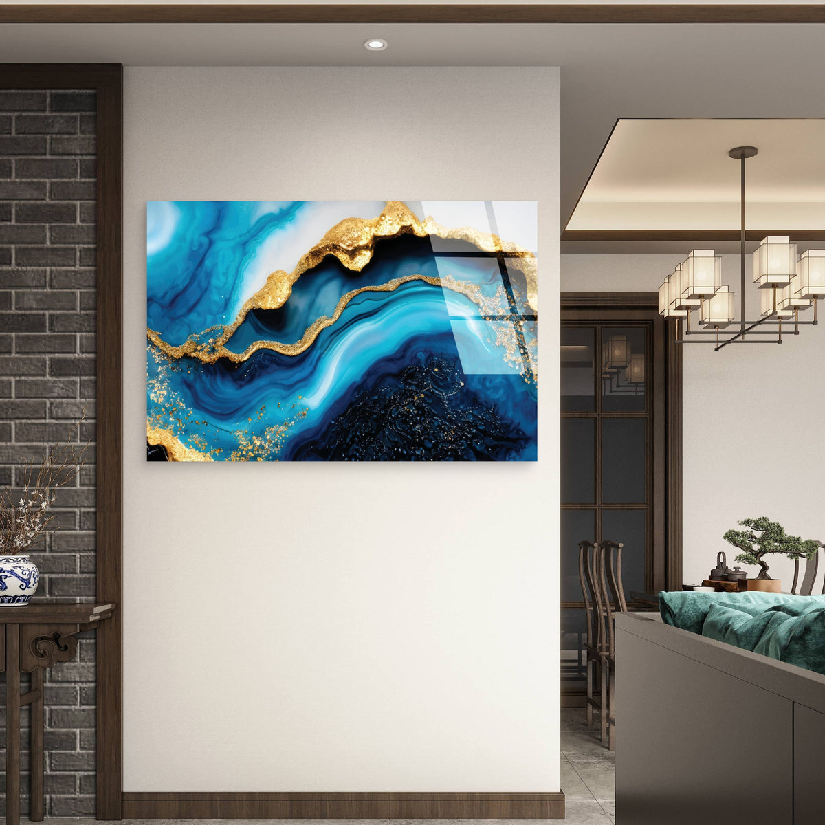 Abstract Sapphire Golden Vein Pattern Acrylic Glass Printing Wall Art Australian Made Quality