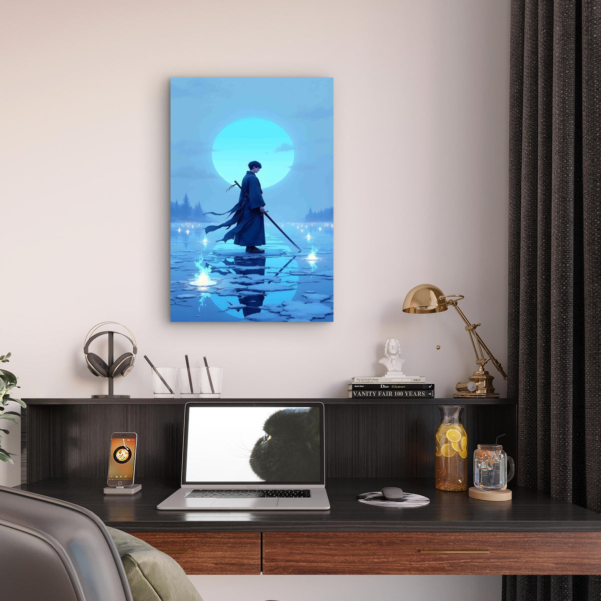 Lone Samurai Icy Lake Glowing Moon 40x60cm Metal Print Ready to Hang
