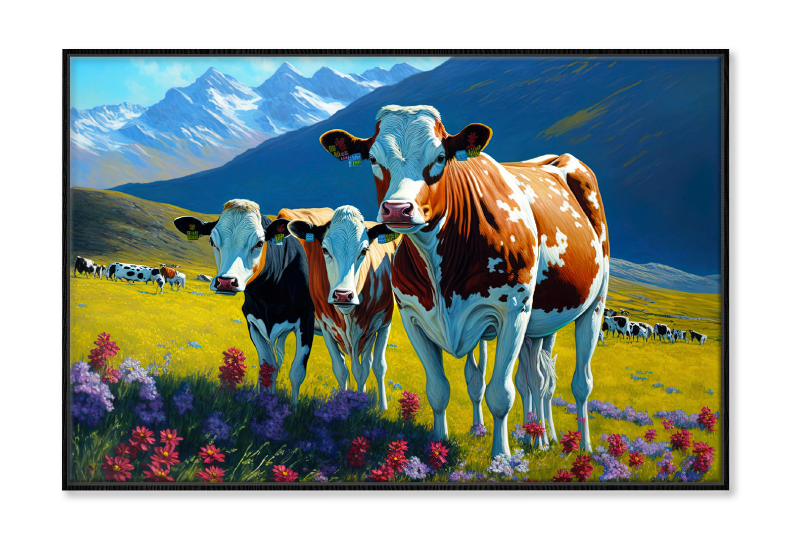 Pleasant Cows & Snow Mountain with Flowers Painting Wall Art Limited Edition High Quality Print Canvas Box Framed Black