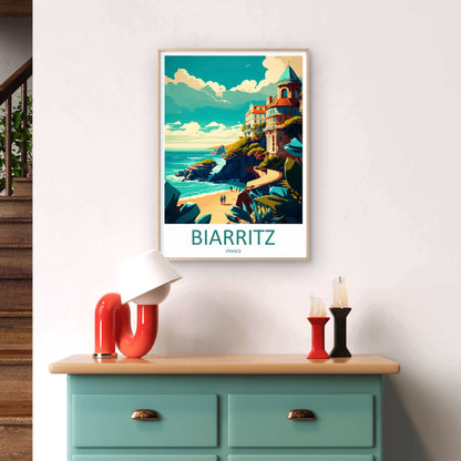 Biarritz France Coast French Riviera Landscape White House & Sea Travel Poster Print Wall Art