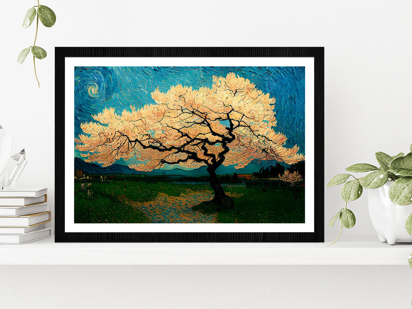 Japanese Cherry Tree In Green Meadow Glass Framed Wall Art, Ready to Hang Quality Print With White Border Black