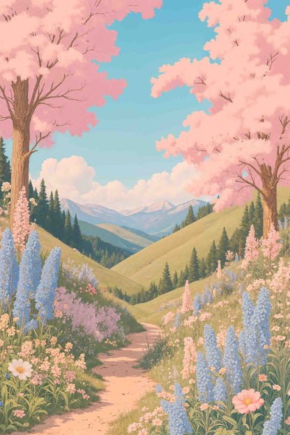 Sakura Mountain Path Scene 40x60cm Metal Print Ready to Hang