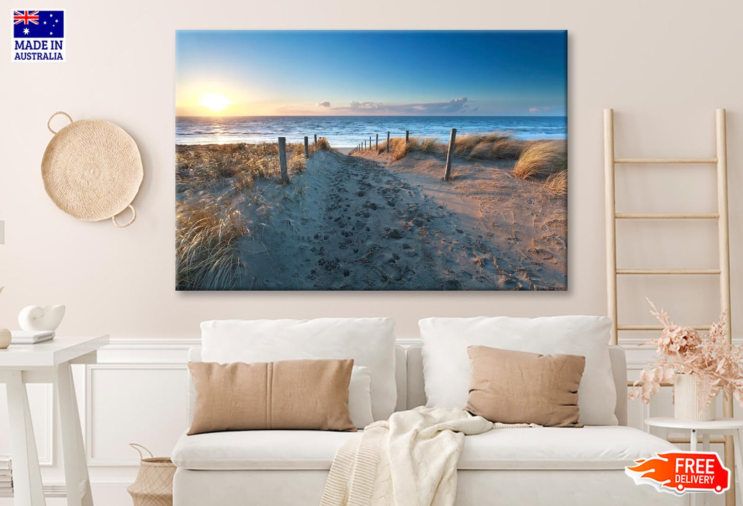 Path On Sand to Ocean Beach at Sunset, Netherlands Wall Art Decor 100% Australian Made