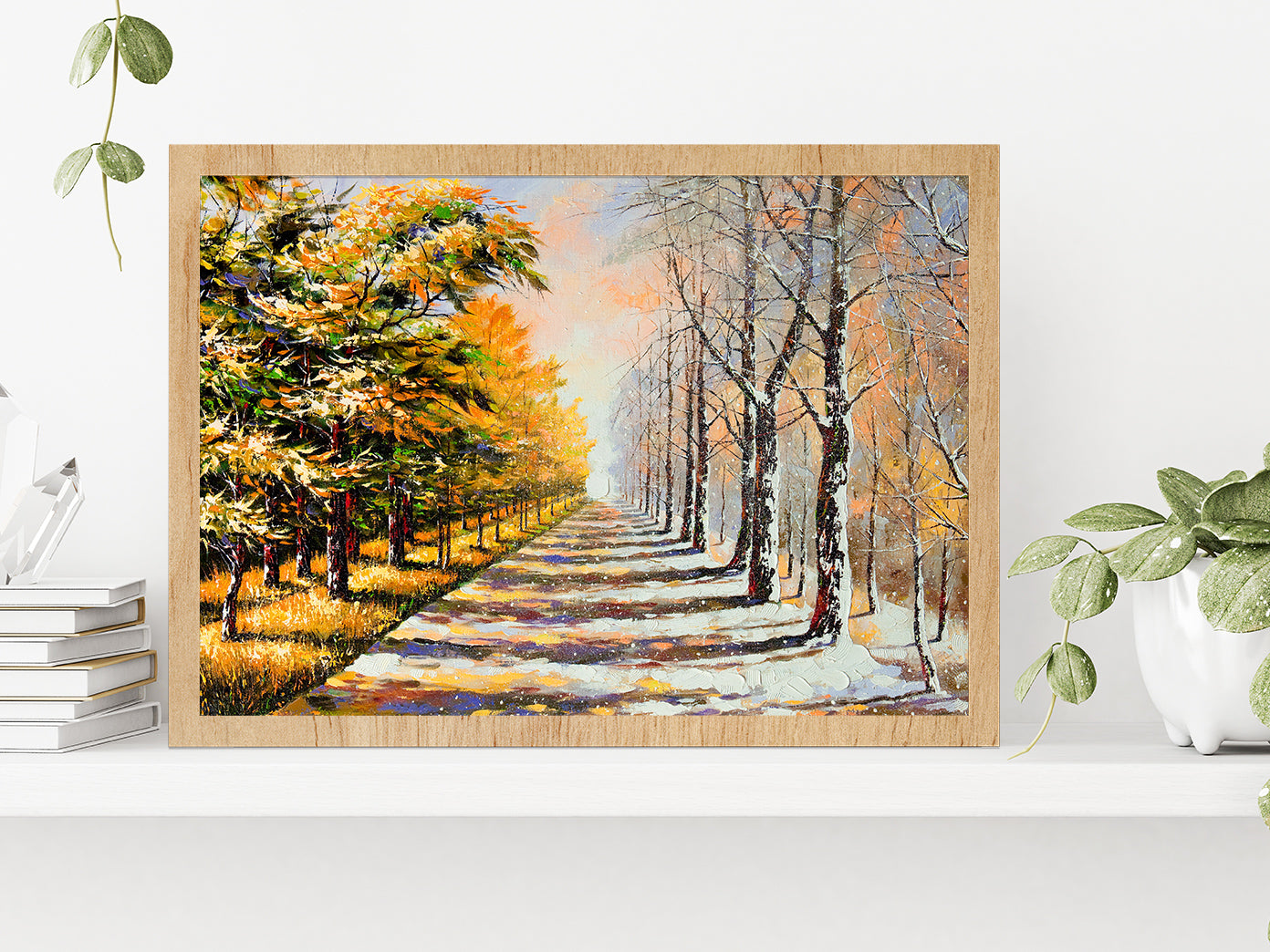 Allegory On Theme Winter Season & Autumn Season Painting Glass Framed Wall Art, Ready to Hang Quality Print Without White Border Oak