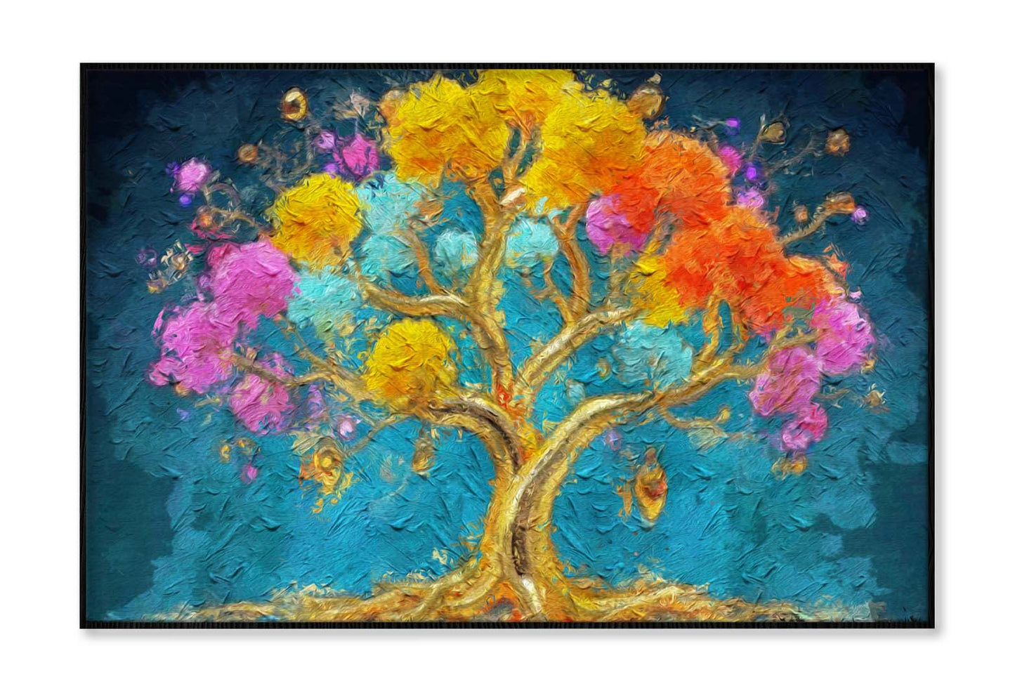 Painting of Golden Tree with a Colorful Flowers Wall Art Limited Edition High Quality Print