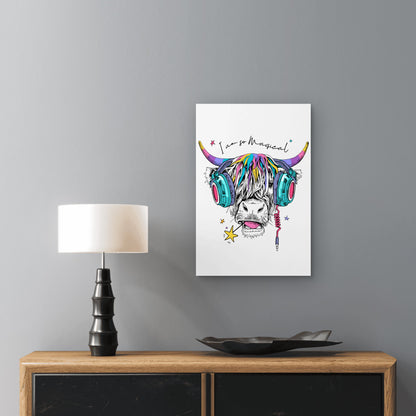 Magical Cow Pink Headphones Graphic 40x60cm Metal Print Ready to Hang