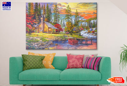 Boat on Lake near House & Forest Trees Oil Painting Wall Art Limited Edition High Quality Print